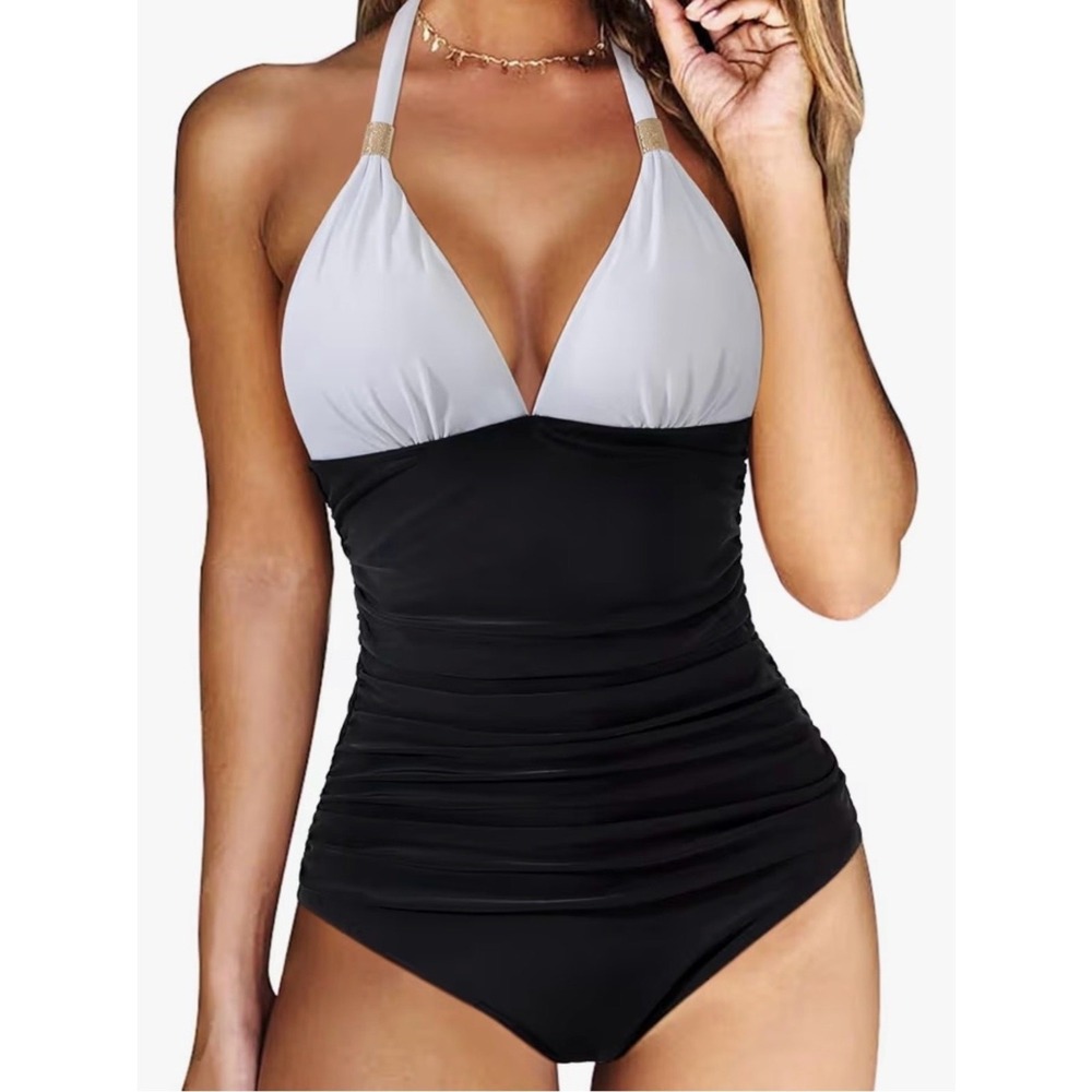 NWOT White & Black Halter One-Piece Swimsuit with gold accents size Medium